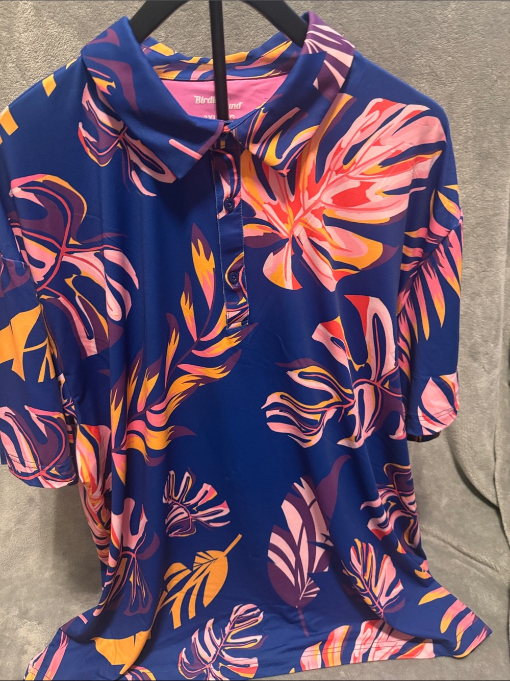 Birdies Blue Tropical Button-Down Polo with Pink and Yellow Leaf Print